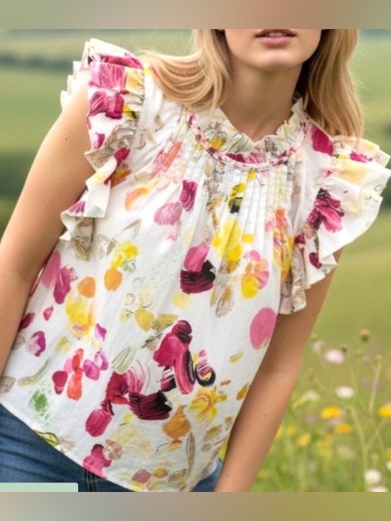 Fairhope Tops - Fairhope Floral Ruffle Sleeve Blouse in White with Pink & Yellow 100% Cotton XL